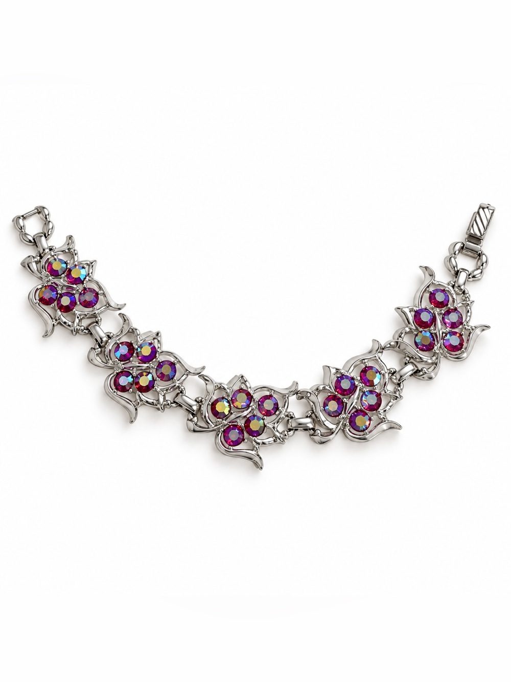 Sarah Coventry stamped vintage Ruby AB Rhinestone Floral Bracelet Silver Tone